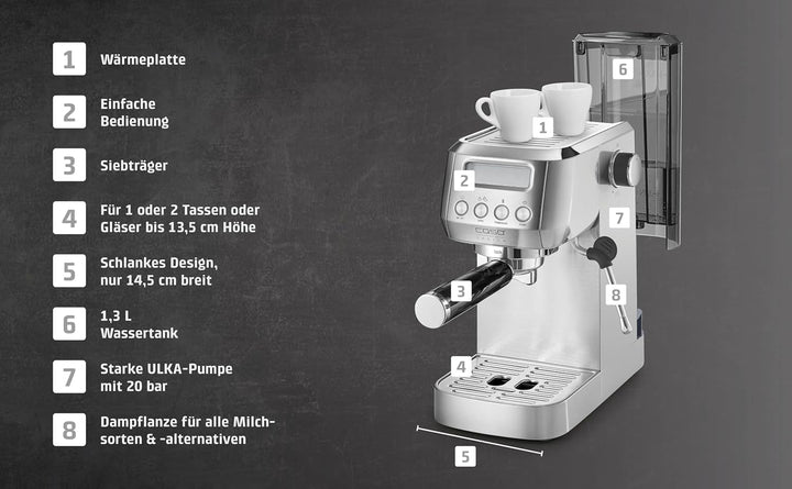 CASO Espressogourmet Crema - mașină cu portafilter, mașină de espresso, cu spumă de lapte, espresso, cappuccino, portafilter din oțel inoxidabil, pompă Ulka de 20 bar, mașină de cafea, cafea pudră, doze ESE