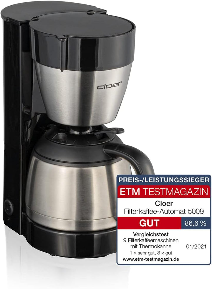Cloer 5009 Cafetieră cu filtru cu funcție de menținere la cald, pentru până la 8 cești, 800 W, cu ulcior de vid din oțel inoxidabil, ulcior cu filtru 1X4, negru