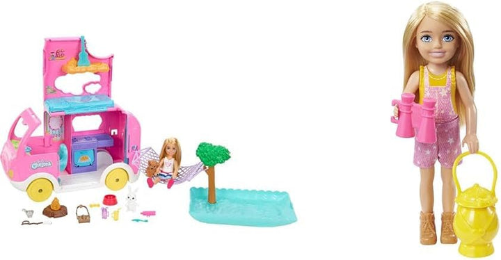 Barbie Chelsea Series, Chelsea Car And Camper Set cu 10+ Barbie Camping Accessories, 1X Chelsea Doll, Teal Car And Pink Mini Camper, Cadouri pentru copii 3+ ani, Fxg90