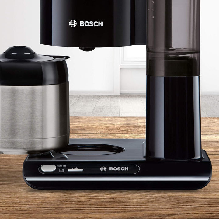 Bosch filtru de cafea Styline TKA8A053, senzor de aromă, cană termo din oțel inoxidabil 1,1 L, pentru 8-12 cești, oprire automată, sistem de detartrare, opritor de picurare, rezervor de apă detașabil (1 L), 1100 W, negru