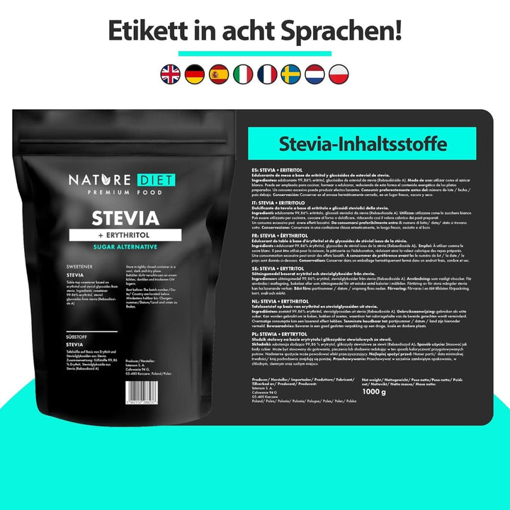 Nature Diet - Stevia Süßstoff 1000G | Natürlicher Süßstoff | Kalorienarm | Zuckerersatz