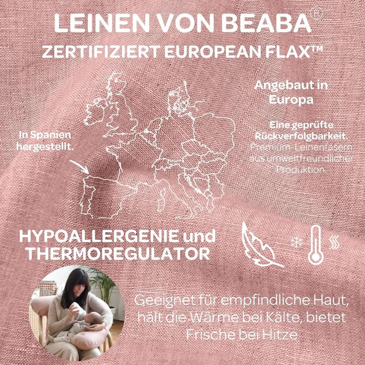 BÉABA, Big Flopsy, Stillkissen, Schwangerschafts-/Schwangerschaftskissen, Multifunktional, Schlafen, Stillen, Optimale Unterstützung, Entspannung, Komfort, Leinen, Ökotex, Rosa