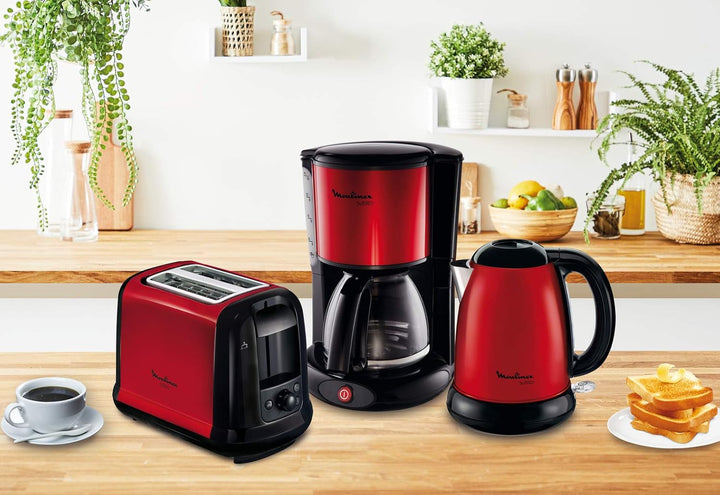 Cafetieră cu filtru Moulinex Subito, ulcior din sticlă, 10-15 cești, capacitate 1,25 litri, funcție de oprire automată, filtru detașabil, indicator nivel apă, oțel inoxidabil, roșu/negru, FG360D