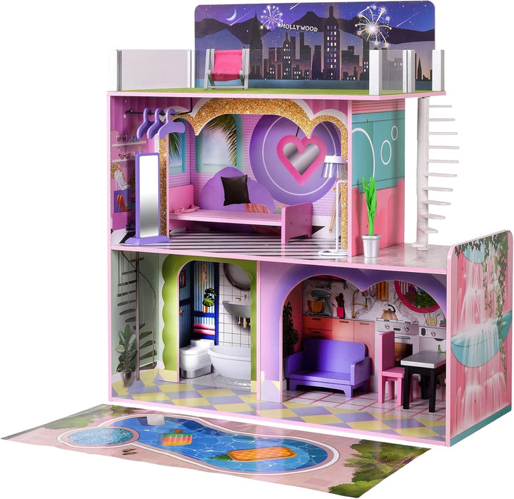 Olivia's Little World Big Dreamland Sunset Contemporary Casa de păpuși interactivă din lemn pentru copii 3 etaje cu 16 accesorii de mobilier pentru păpuși Multi TD-13616A