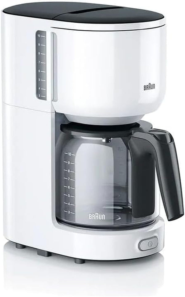 Cafetiera Braun Purease KF 3120 WH - Cafetieră cu filtru cu ulcior din sticlă pentru 10 cești de cafea, cafetieră pentru o aromă unică, filtru de apă integrat, 1000 wați, alb
