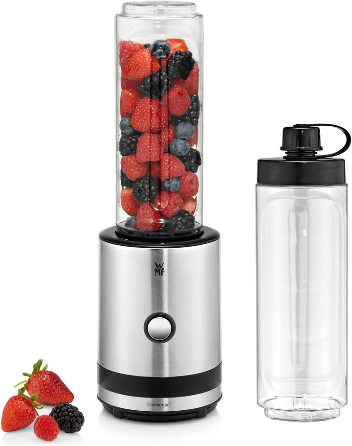 WMF Küchenminis Smoothie-To-Go, Mini Standmixer Mit Zwei Mix-/Trinkbehältern 0,6L, Mixer Hochleistungsmixer 300 W, Edelstahl Matt, Schwarz