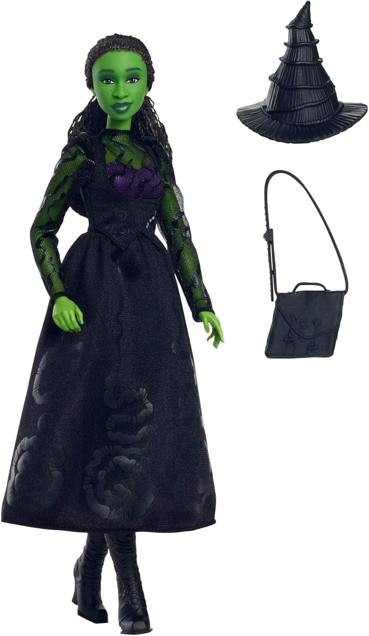 Mattel Wicked Elphaba păpușă de modă și accesorii cu piele verde, păr negru împletit, diferite poziții posibile și aspect de rochie de bal extensibilă, HXT62, [Multicolor]
