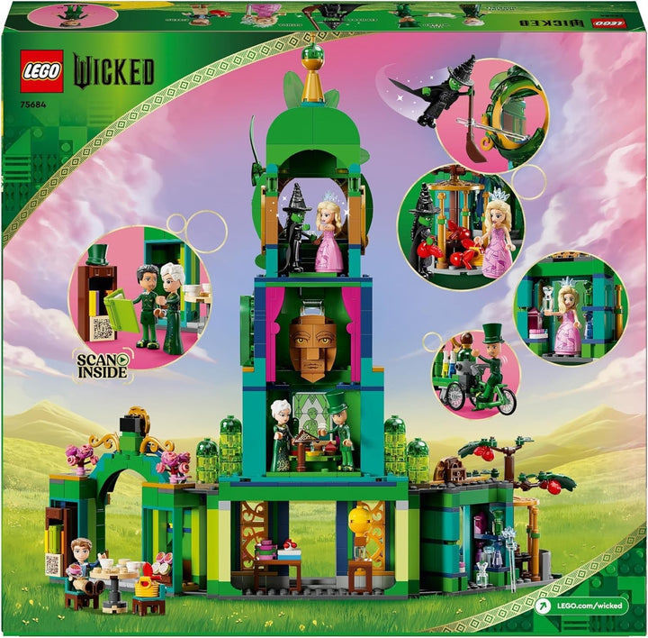 LEGO Wicked Welcome to Emerald City, jucărie cu turn, Glinda și Elphaba mini păpuși, cadou pentru fanii filmului și fete și băieți de la 9 ani, care iubesc casele de păpuși 75684