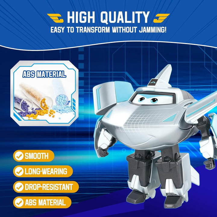 Super Wings Transformation Plane Supercharged Traver, Aprox. 12.7 Cm Figură mare de joacă pentru copii, avion de jucărie și figură de robot pentru băieți și fete de peste 3 ani, argintiu