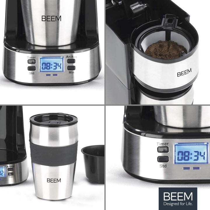 BEEM THERMO 2 GO Cafetieră cu filtru unic cu cană termo de 0,4 l | Filtru permanent | Cu cronometru 24 h pentru o cană de cafea fierbinte dimineața fără așteptare | 750 W