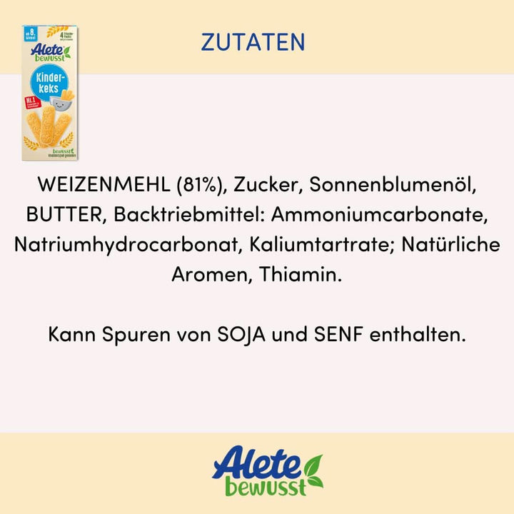 Alete Bewusst Kinderkeks, Ab Dem 8. Monat, Butterkeks Aus Weizen Für Kinder, Handlich Verpackte Kekse Als Kleiner Snack, Perfekt Für Unterwegs & Zwischendurch, 1 X 180 G