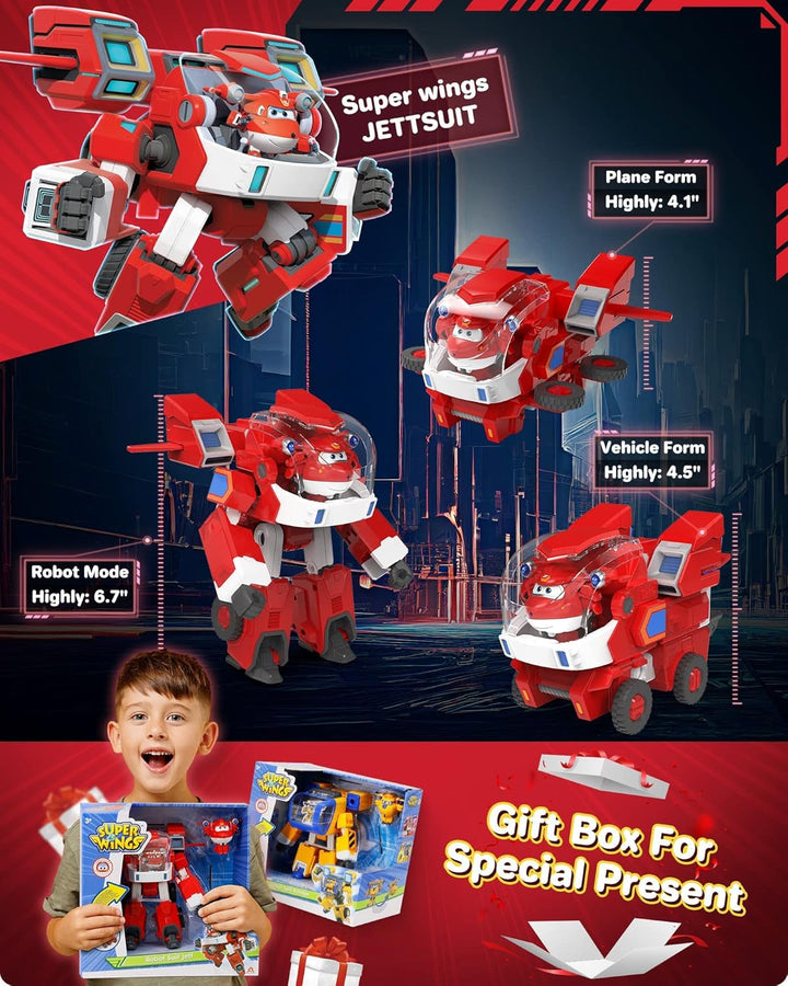 Super Wings Robot Toys - Jett Transformers Toy Cars Toy Trucks Avec Mini Jet Avion Jouets Pour Enfants 3 4 5 Ans, Red