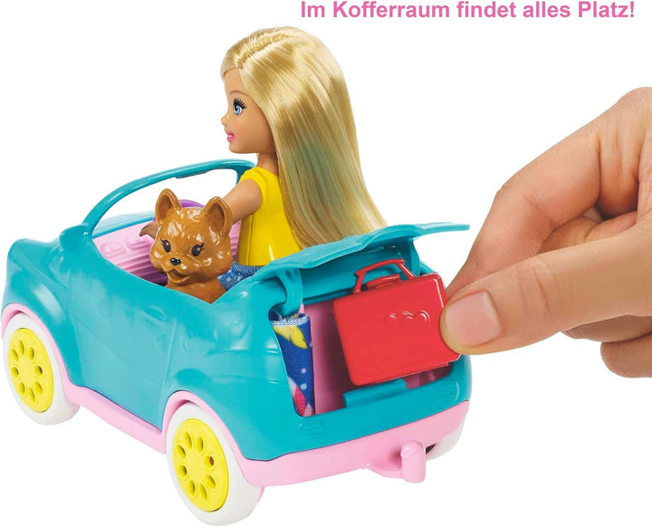 Barbie Chelsea Series, Chelsea Car And Camper Set cu 10+ Barbie Camping Accessories, 1X Chelsea Doll, Teal Car And Pink Mini Camper, Cadouri pentru copii 3+ ani, Fxg90