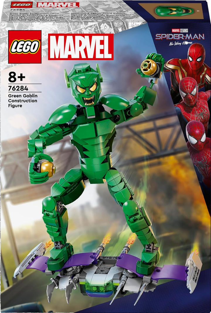 Figura de construcție LEGO Marvel Green Goblin, jucărie de construcție mobilă Super Villain pentru copii 8+, băieți și fete, set Spider-Man Universe cu glisoare și bombe de dovleac, idee de cadou Superhero 76284
