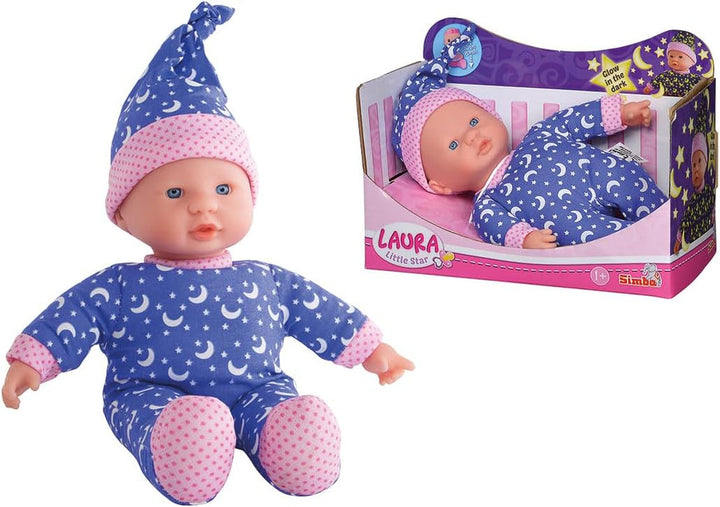 Simba 105010010 - Laura Little Star, păpușă cu corp moale în rochiță dulce și șapcă cu luni și stele strălucitoare, 20 cm, strălucește în întuneric, păpușă pentru copii de la 12 luni, albastru