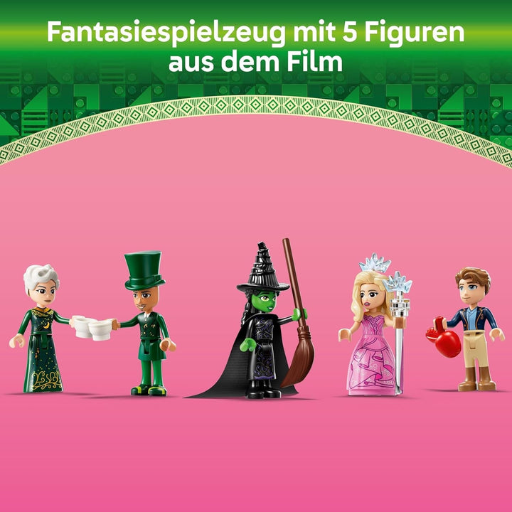 LEGO Wicked Welcome to Emerald City, jucărie cu turn, Glinda și Elphaba mini păpuși, cadou pentru fanii filmului și fete și băieți de la 9 ani, care iubesc casele de păpuși 75684