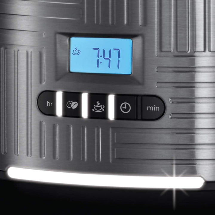 Cafetiera Russell Hobbs [cronometru digital, cap de duș pentru extracție și aromă optimă] Geo Stainless Steel Grey (Max 12 cești, ulcior de sticlă de 1,5L, placă de încălzire, 1000W) Filtru de cafea 25270-56