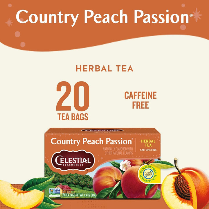 Country Peach Passion Herbal Tea, Caffeine Free, 20 Tea Bags Box (Pack of 6) Tea USA Naty Shop