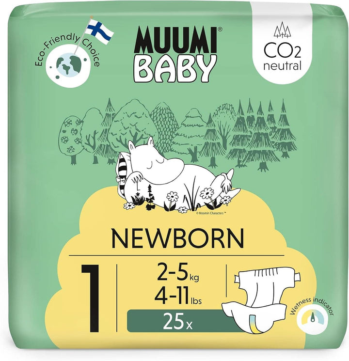 Muumi Baby Newborn Eco Nappies mărimea 1, 2-5 kg, 25 bucăți, scutece premium moi cu indicator de umezeală 