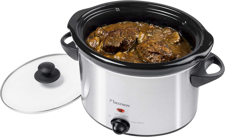 Bestron Slowcooker Für 4 Personen, Schongarer Mit Keramikpfanne & Glasdeckel, 3 Stufen-Thermostat, Ideal Für Viele Gerichte Wie Fleisch, Suppen & Gemüse, 3.5 Liter, Farbe: Silber