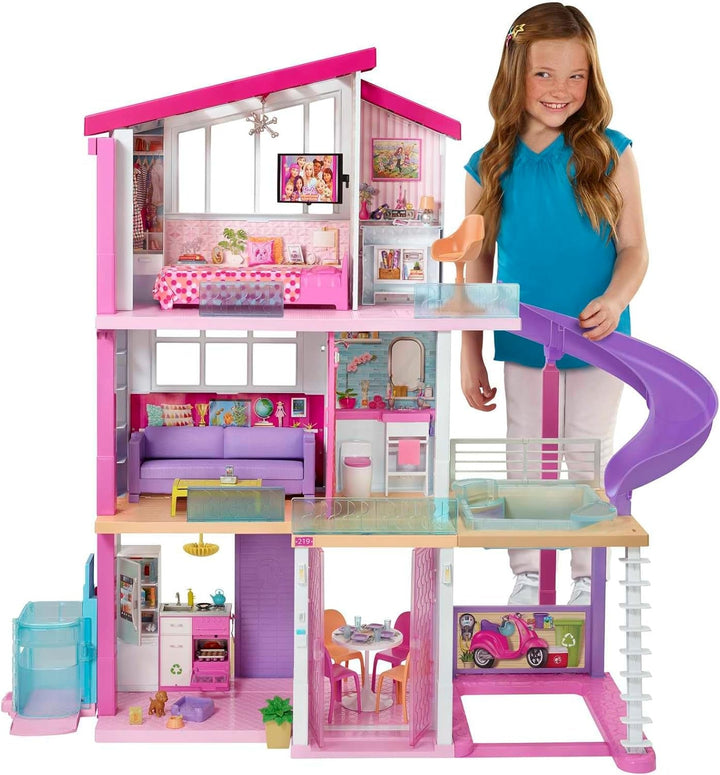 Barbie Dollhouse, Dream Villa Doll, complet mobilată, 3 etaje, 8 camere inclusiv piscină, tobogan și lift, 70 de accesorii, jucării de la 3 ani, GNH53