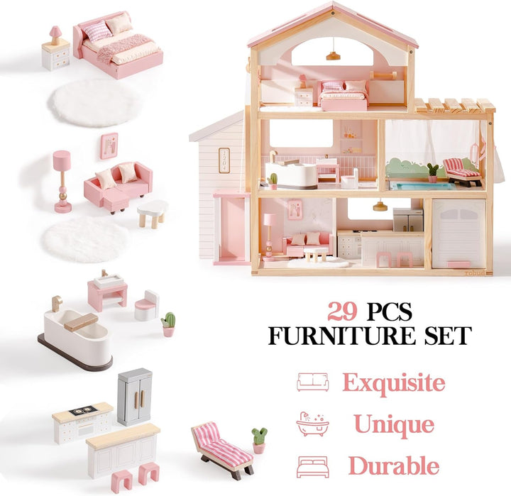 ROBUD Casă de păpuși din lemn, vilă de păpuși cu mobilier, cu lift, garaj, pavilion și piscină, cadou pentru copii de 3, 4, 5, 6 ani și mai mari, roz