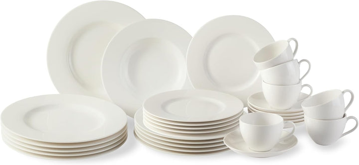 Vivo by Villeroy & Boch Basic White Tafelservice 12 Teilig Weiß, Teller Set, Weißes Geschirr, Geschirrset 6 Personen, Essservice, Speiseteller, Suppenteller, Spülmaschinenfest, Premium Porzellan