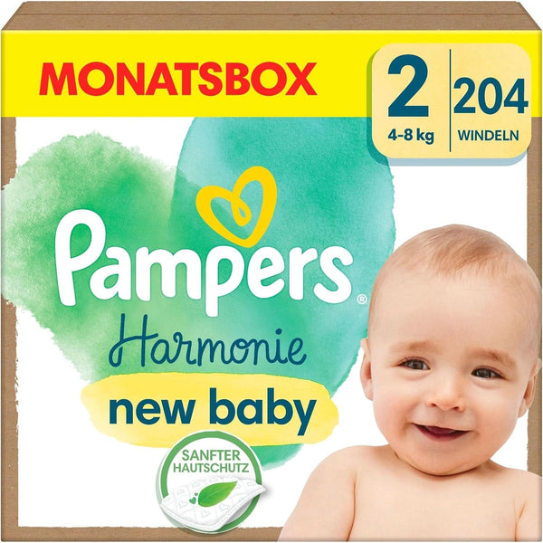 Pampers Scutece pentru copii mărimea 2 (4-8 kg) Harmony, Protecție delicată a pielii și ingrediente pe bază de plante, 204 bucăți