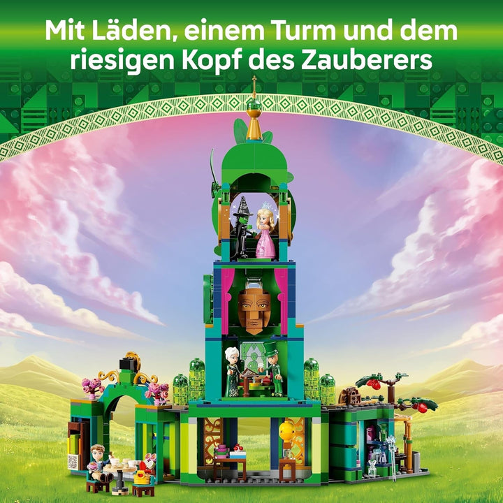 LEGO Wicked Welcome to Emerald City, jucărie cu turn, Glinda și Elphaba mini păpuși, cadou pentru fanii filmului și fete și băieți de la 9 ani, care iubesc casele de păpuși 75684