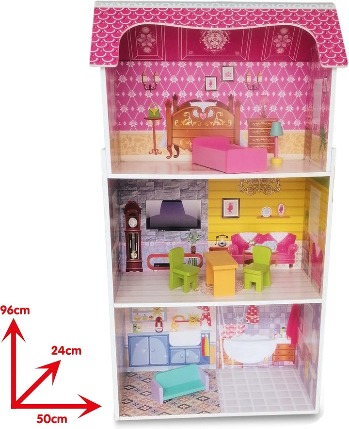 Teorema 40602 - Casă de păpuși din lemn cu 3 etaje și 5 camere, înălțime 96 cm, mobilier și decorațiuni