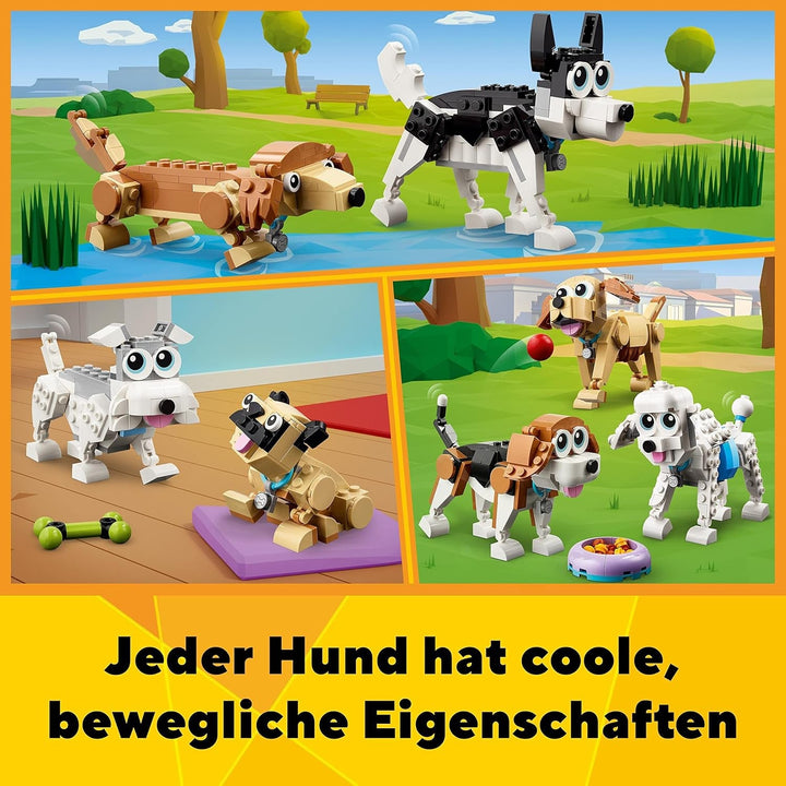 LEGO 31137 Creator 3In1 Set de câini drăguți cu figuri de animale Teckel, Pug, Poodle și multe altele, jucărie pentru copii 7+, cadou pentru iubitorii de câini
