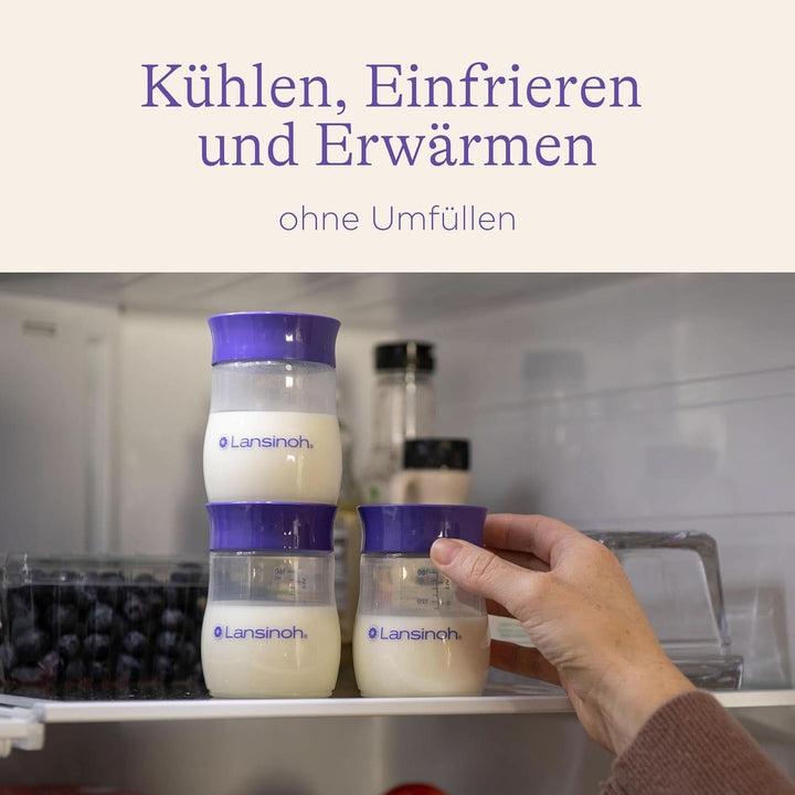 Lansinoh Muttermilchflaschen, 4 X 160 Ml - Zur Sicheren Muttermilch Aufbewahrung - Neues Kompaktes Design Für Verbesserte Stabilität - Mit Stapelbarem Deckel