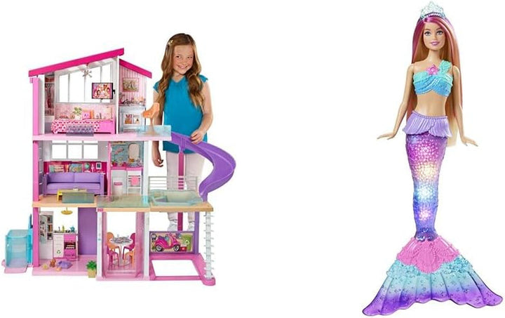 Barbie Dollhouse, Dream Villa Doll, complet mobilată, 3 etaje, 8 camere inclusiv piscină, tobogan și lift, 70 de accesorii, jucării de la 3 ani, GNH53