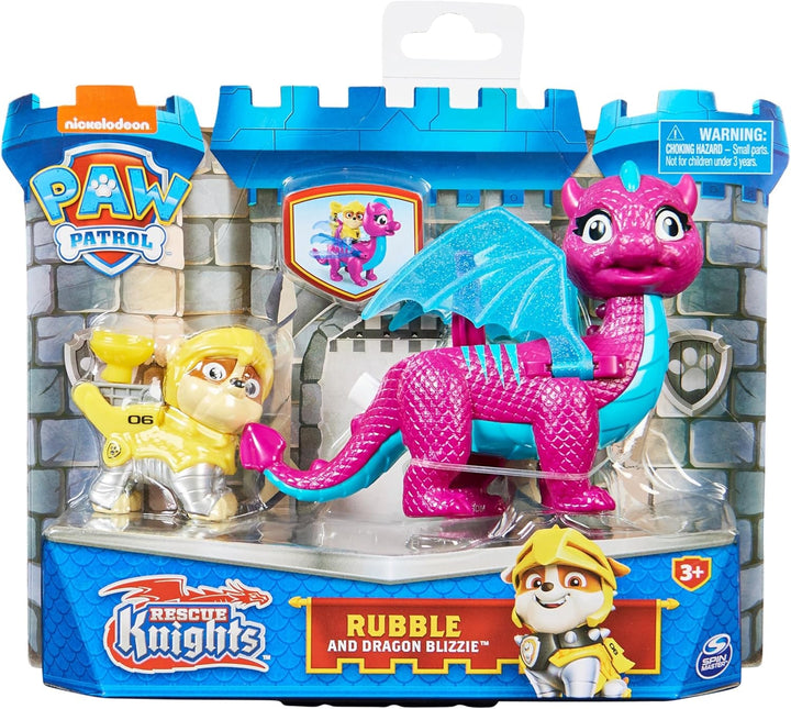 Paw Patrol, Rescue Knights Rubble și Dragon Blizzie set de figurine de acțiune, jucărie potrivită pentru copii cu vârsta de 3 ani și peste
