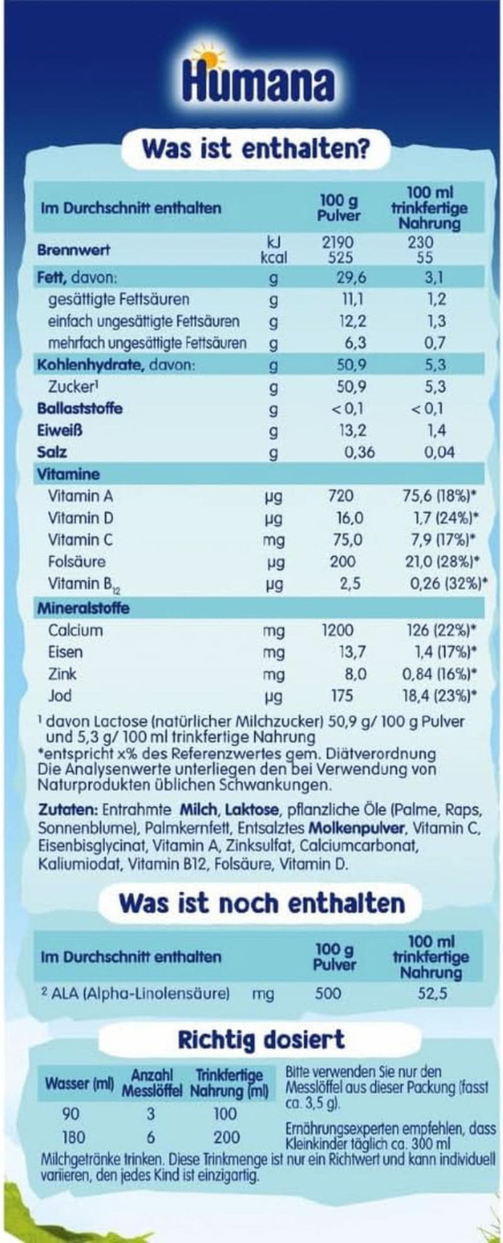 Humana , formula lapte praf, de la 1 an sau 2 ani, 650 grame