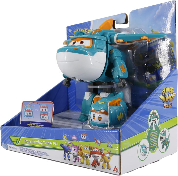Super Wings EU770447 - Transforming Tino & Pet, figură de joacă transformabilă cu înălțimea de aprox. 14,5 cm și animal de companie cu înălțimea de aprox. 4,3 cm, pentru copii cu vârsta de peste 3 ani