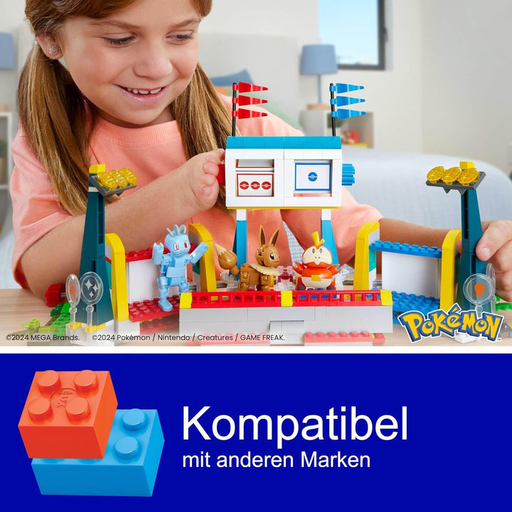 MEGA Pokémon Action Figure Building Toy, Arena de antrenament cu 1101 piese, joc de lupte și 5 figuri mobile pentru copii, HWR82