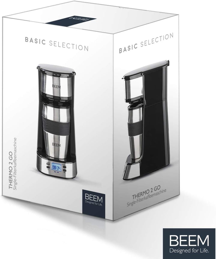 BEEM THERMO 2 GO Cafetieră cu filtru unic cu cană termo de 0,4 l | Filtru permanent | Cu cronometru 24 h pentru o cană de cafea fierbinte dimineața fără așteptare | 750 W