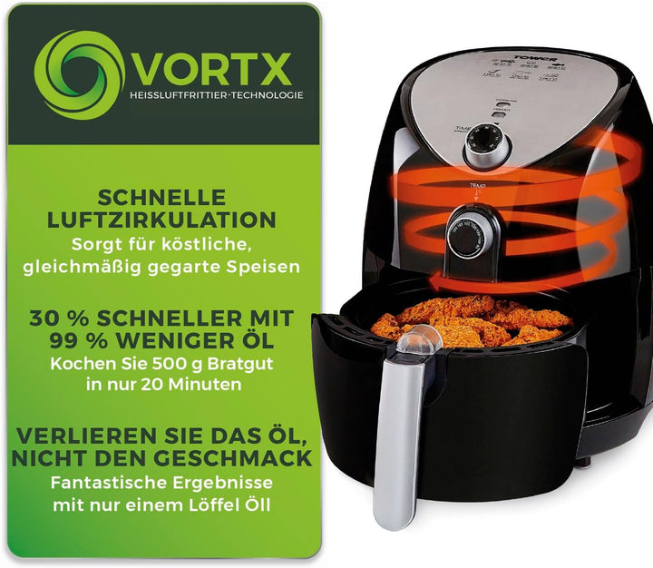 Tower T17021 Heißluftfritteuse Für Die Ganze Familie Mit Schneller Luftzirkulation - 60-Minuten-Timer - Airfryer 4,3L 1500W - Schwarz