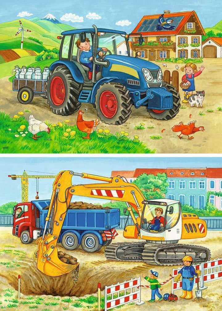 Ravensburger Puzzle pentru copii - 07616 Șantier de construcții și fermă - Puzzle pentru copii de la 3 ani, cu 2X12 piese