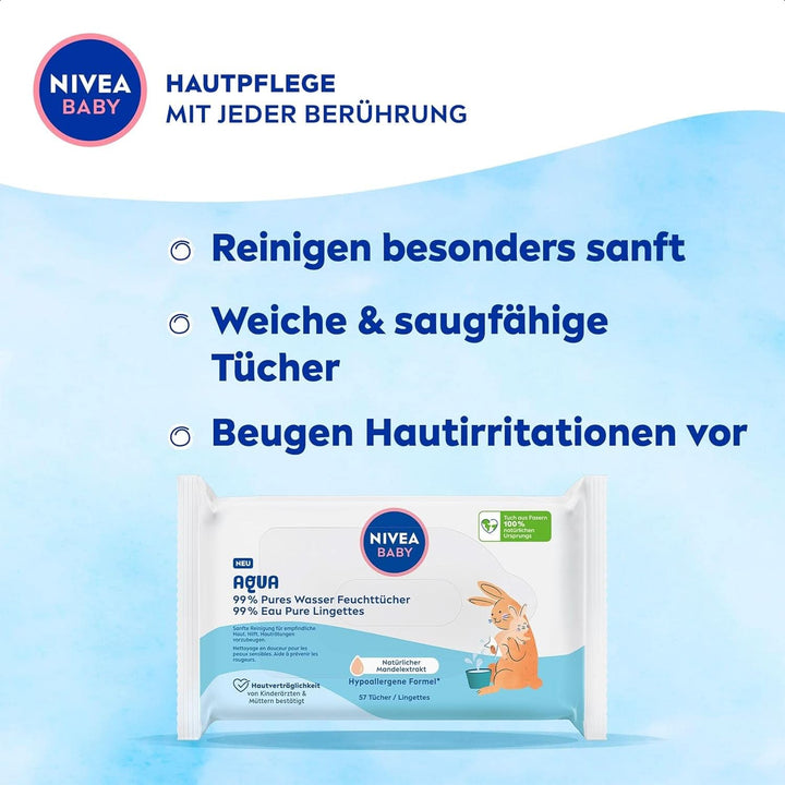 NIVEA Baby AQUA Feuchttücher, Baby Feuchttücher Zur Sanften Reinigung Empfindlicher Haut, Hypoallergene Und Parfümfreie Feuchttücher Für Babys Mit 99% Wasser (1 X 57 Stück)