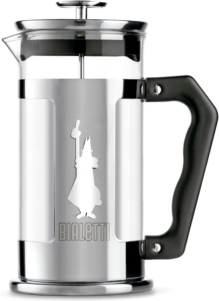 Presă de cafea Bialetti Preziosa, filtru franțuzesc pentru cafea sau ceai, carcasă din oțel inoxidabil și recipient din sticlă borosilicată, lavabil în mașina de spălat vase, 350 ml, pentru 3 cești