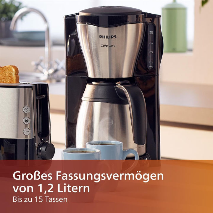 Filtru de cafea Philips - Termos de 1,2 litri, Până la 15 cești, Oțel inoxidabil, (HD7546/20), 1000Watts, 25,5 X 22,1 X 37,01 Cm, Argintiu/Negru