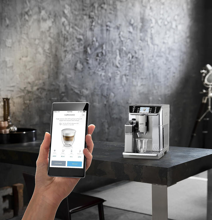 Aparat de cafea complet automat De'Longhi Primadonna Elite ECAM 656.55.MS Cu sistem de lapte Lattecrema, cappuccino și espresso, afișaj color cu ecran tactil TFT de 3,5 inchi și control prin aplicație, față din oțel inoxidabil, argintiu