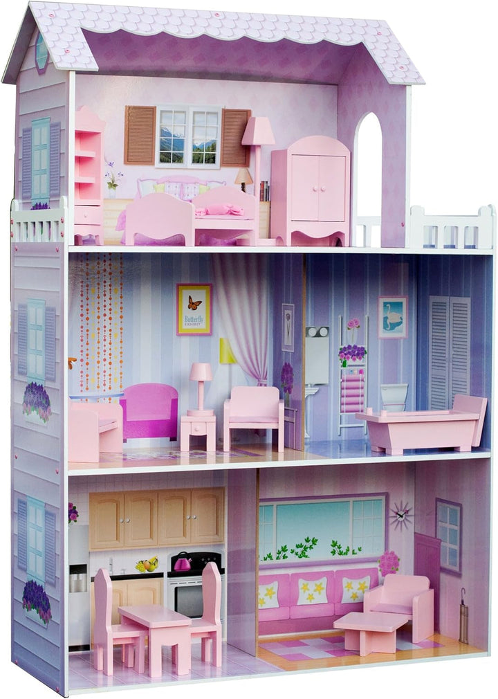 Olivia's Small World Giant Dollhouse, casă mare de păpuși din lemn cu mobilier și accesorii, casă de păpuși cu 3 etaje pentru copii, casă de păpuși pentru păpuși de 12", 3 ani +