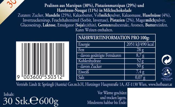 Hofbauer Wien Mozartkugeln Milchschokolade Box 600G (30 Stk.)