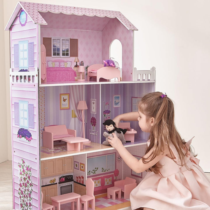 Olivia's Small World Giant Dollhouse, casă mare de păpuși din lemn cu mobilier și accesorii, casă de păpuși cu 3 etaje pentru copii, casă de păpuși pentru păpuși de 12", 3 ani +