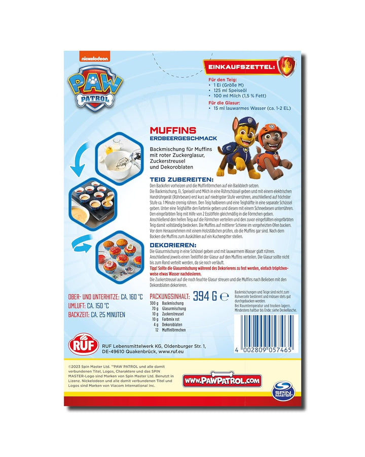 RUF X PAW Patrol Muffin Backmischung Mit Erdbeer-Geschmack, Für 12 Paw Patrol Muffins, Inkl.16 Oblaten-Auflegern Und Pawsome Muffin-Förmchen, 1 X 394G