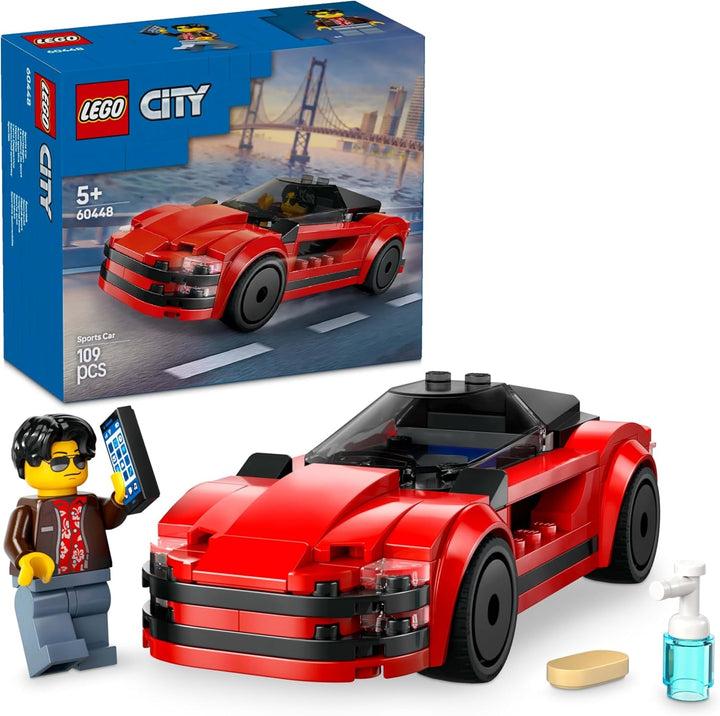 LEGO City Red Sports Car - Mașină de curse pentru băieți și fete de la 5 ani - Cadou de ziua ta sau pentru sărbători - Șofer minifigurină cu telefon mobil și kit de curățare 60448