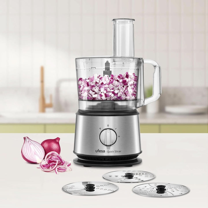 Ufesa Quick Slicer Processor Multifunktions-Foodprozessor 10-In-1, 1200W, 1,5L Fassungsvermögen, Edelstahlgehäuse, X3 Doppelseitige Scheiben, X1 Schneidemesser, X1 Rührlöffel